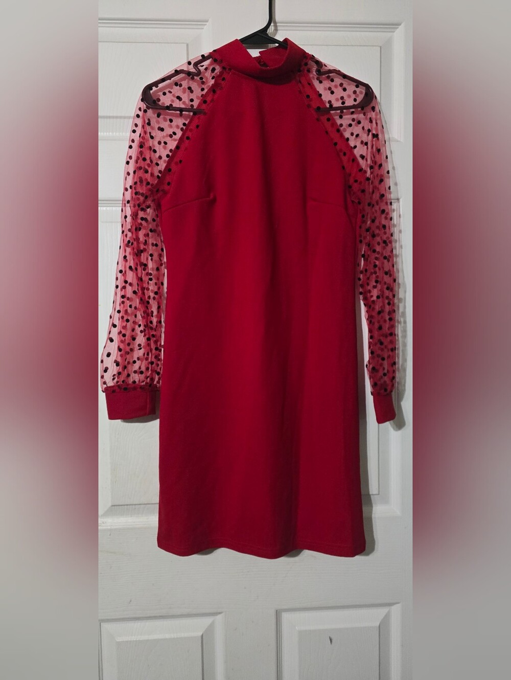 Sheer Sleeve Red Mini Dress M